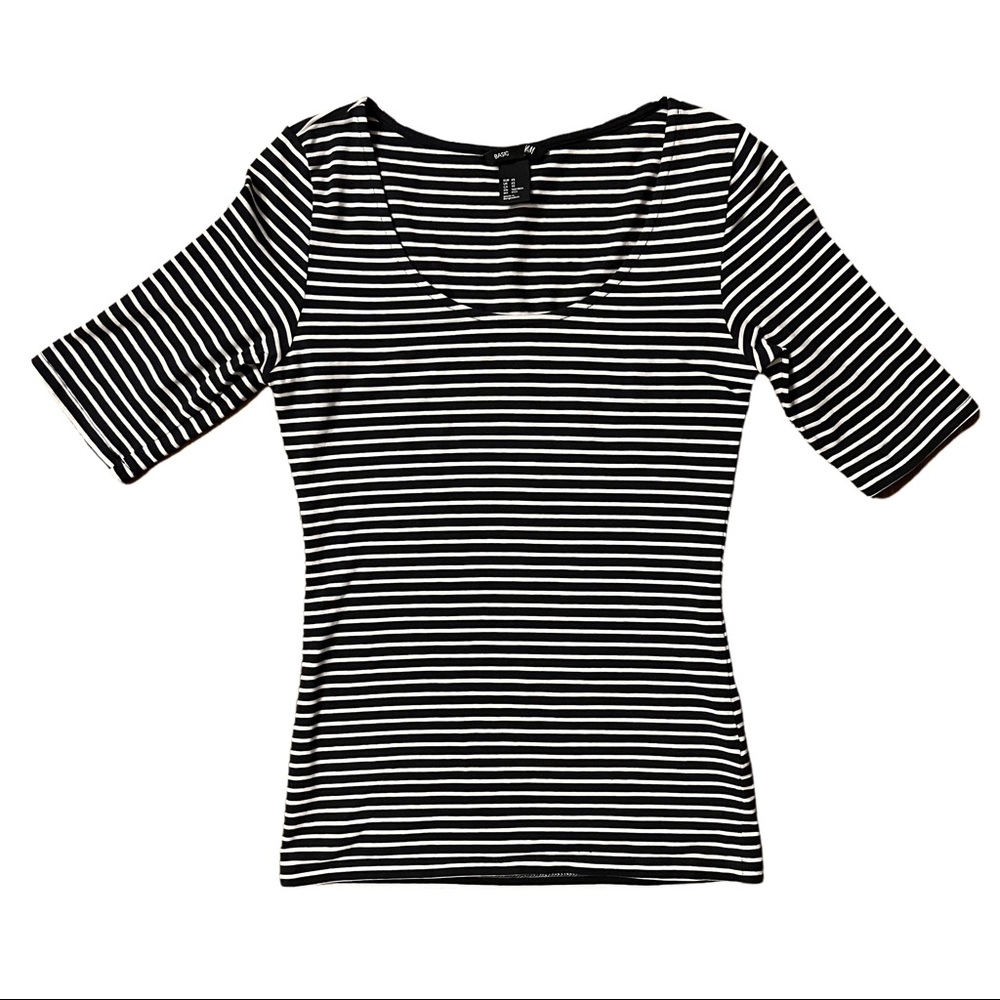H&M Basic 1/4 Sleeve Blue & White Striped Shirt